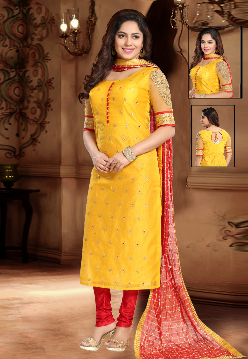 Yellow Chanderi Silk Readymade Churidar Suit 212714