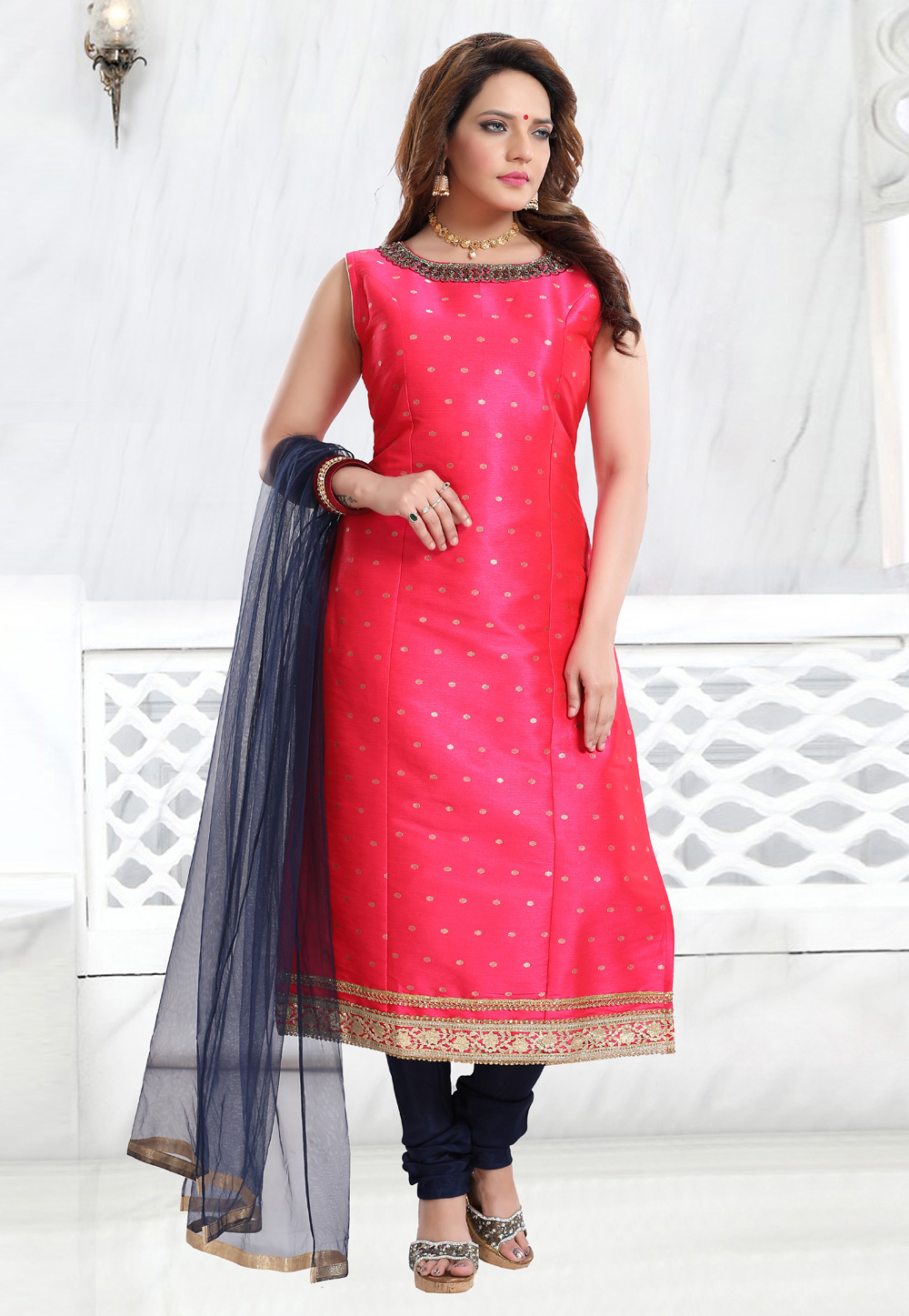Pink Silk Readymade Churidar Suit 217401