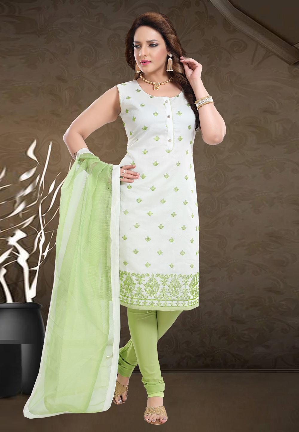 Light Green Chanderi Silk Readymade Churidar Salwar Suit 217855