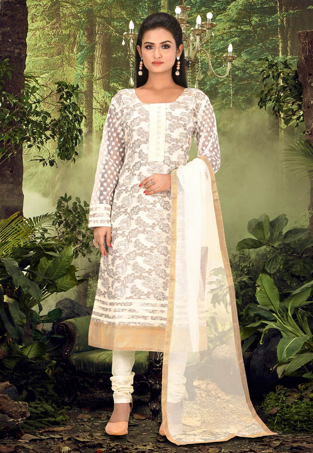 Off White Banarasi Jacquard Readymade Churidar Suit 230553