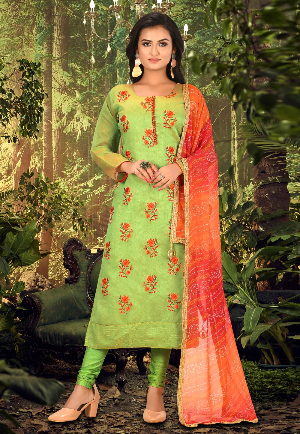 Light Green Chanderi Silk Readymade Churidar Suit 230556