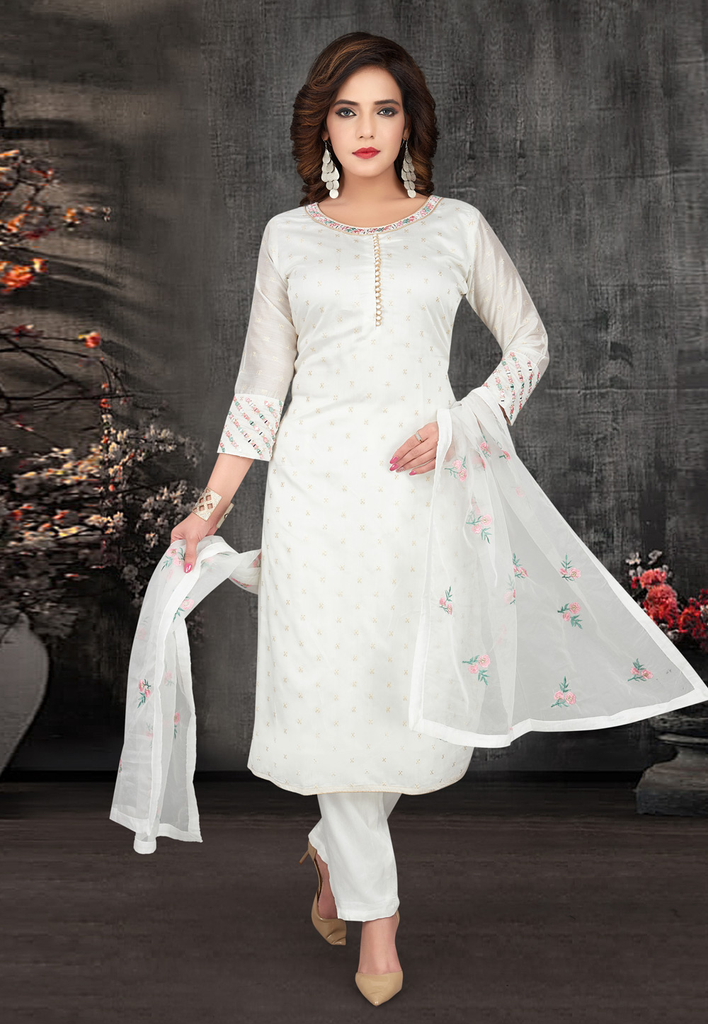 White Chanderi Silk Readymade Pant Style Suit 230560