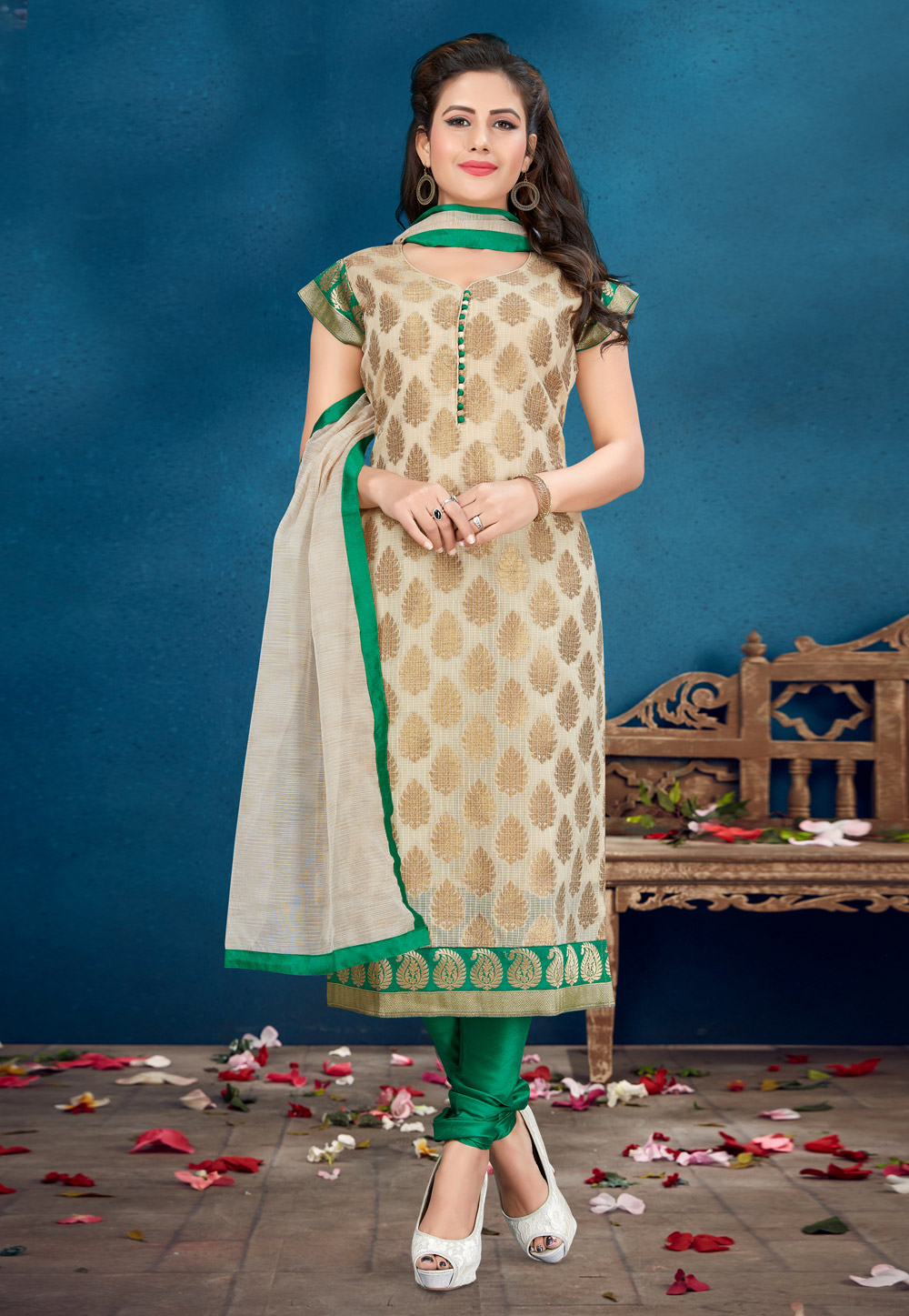 Beige Banarasi Silk Readymade Churidar Suit 231803