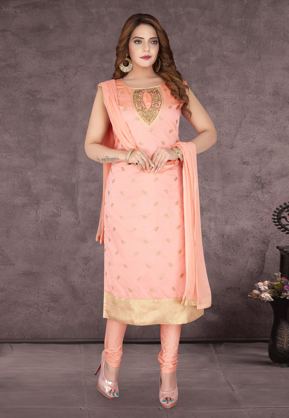 Peach Chanderi Silk Readymade Churidar Salwar Suit 231804