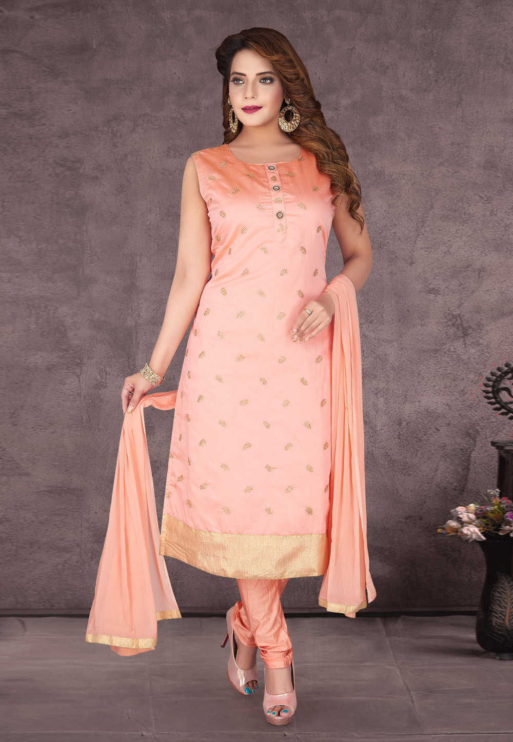 Peach Chanderi Silk Readymade Churidar Salwar Suit 231806