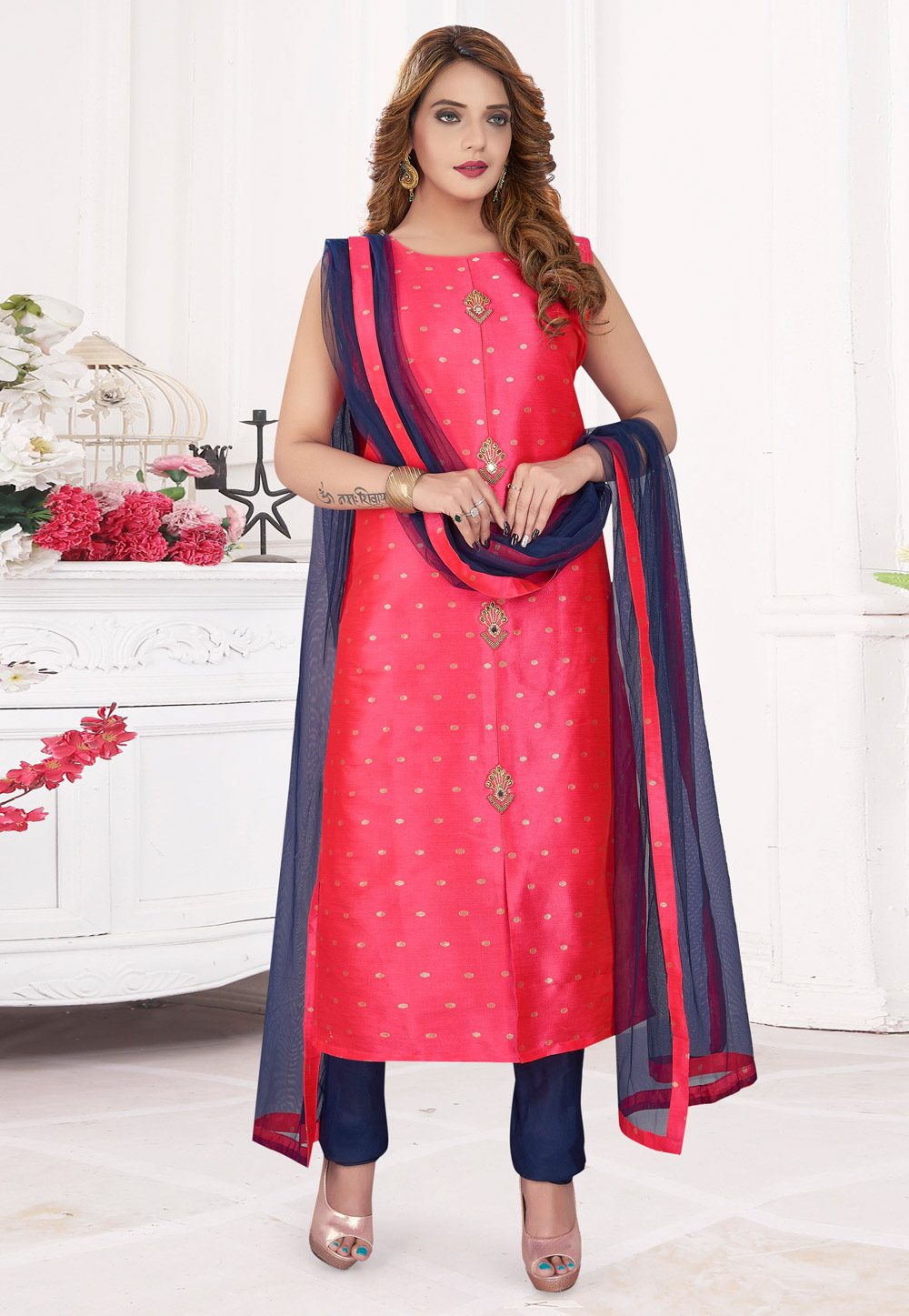 Pink Silk Readymade Churidar Suit 231807