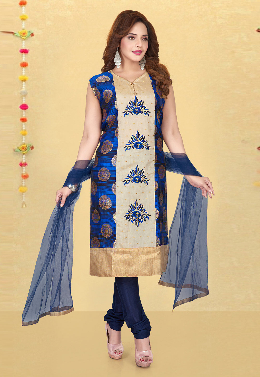 Beige Brocade Silk Readymade Churidar Salwar Suit 231808