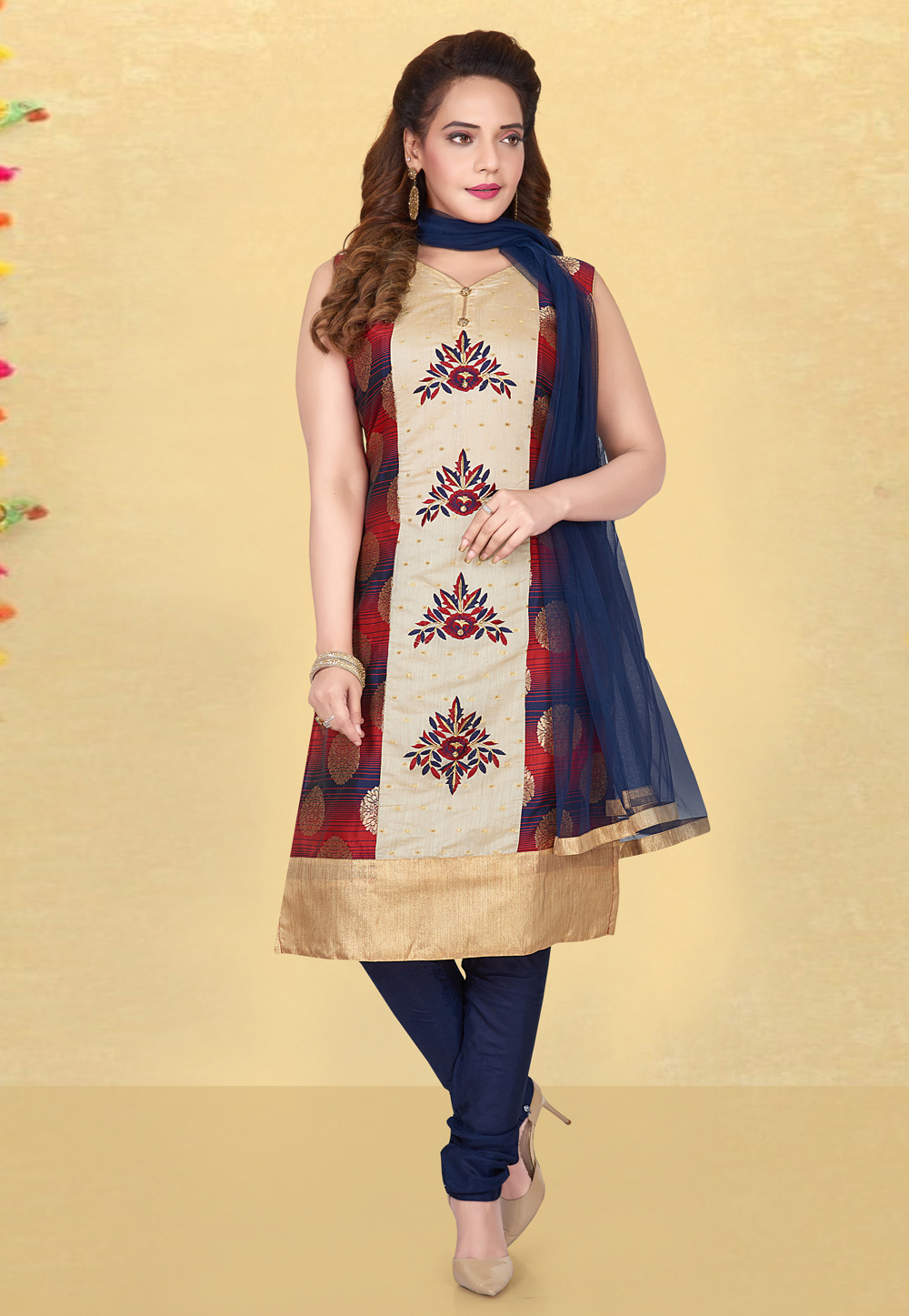 Beige Brocade Silk Readymade Churidar Salwar Suit 231810
