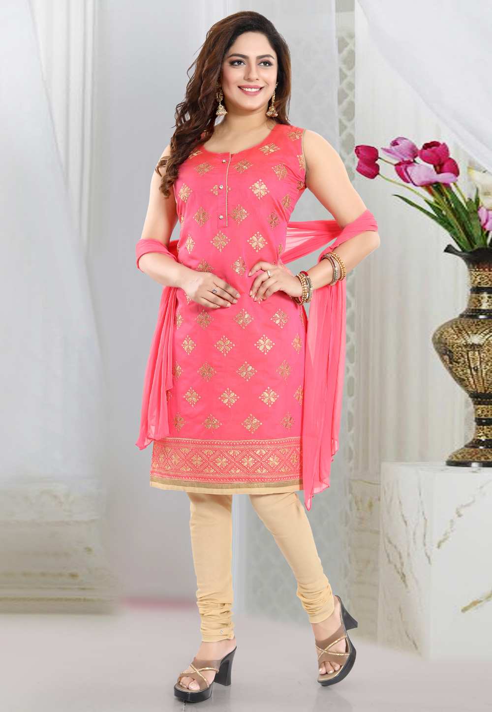 Pink Chanderi Silk Readymade Churidar Suit 234476