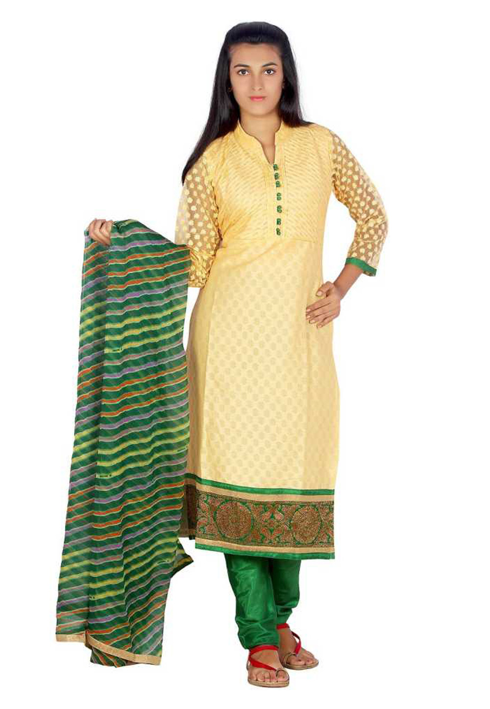 Yellow Cotton Jacquard Readymade Churidar Salwar Suit 231814