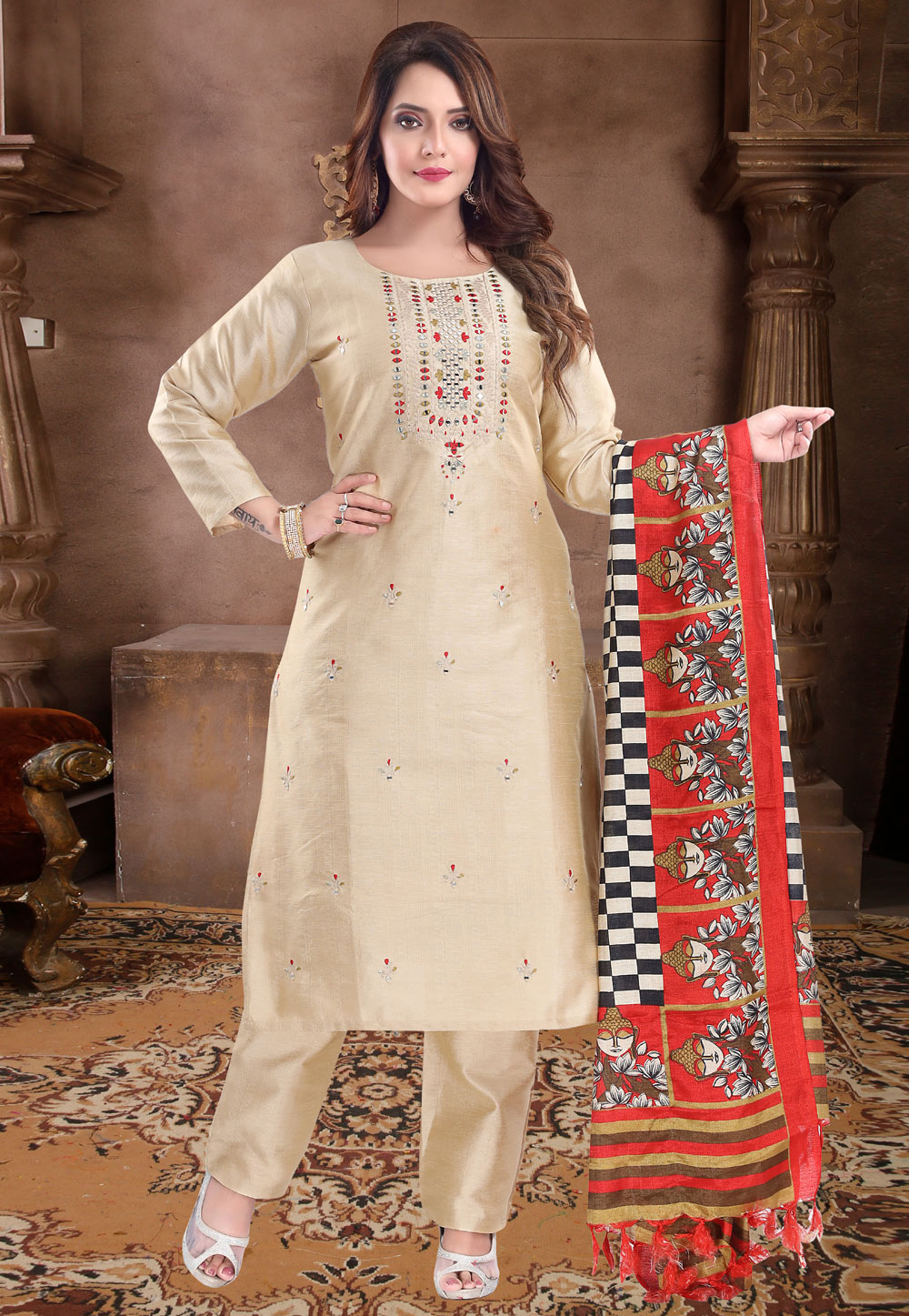 Beige Silk Readymade Pant Style Suit 234477