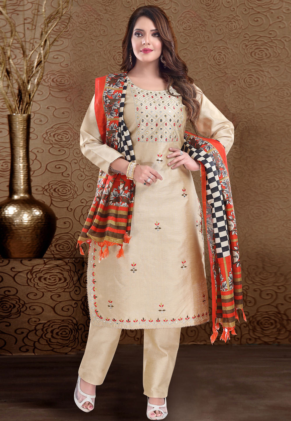 Beige Silk Readymade Kameez With Pant 234478