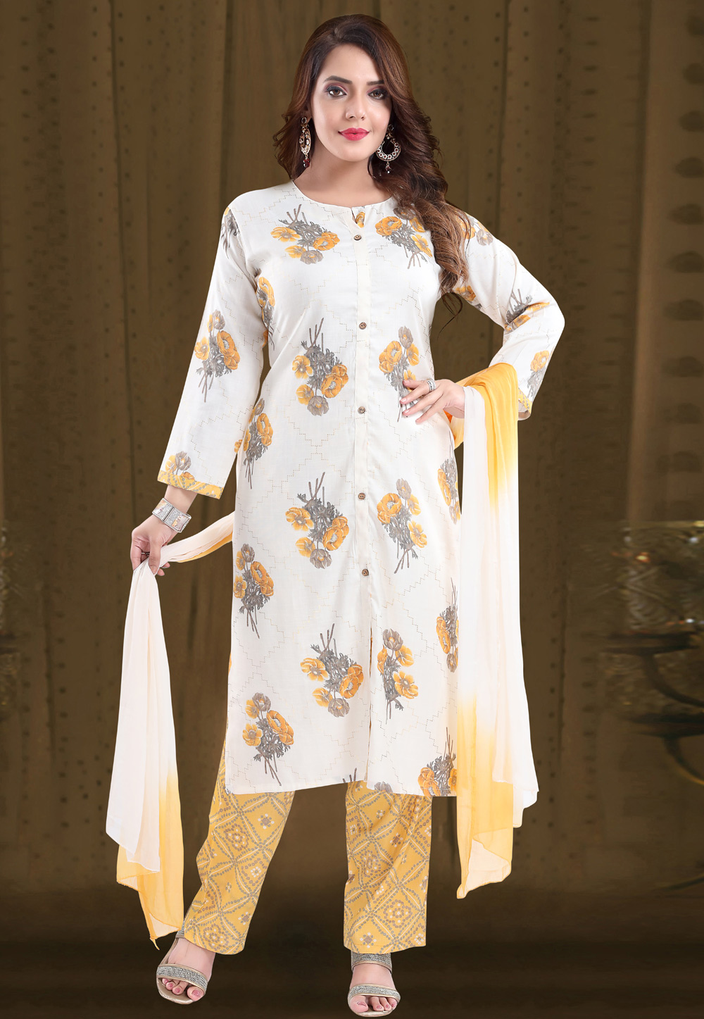 Off White Rayon Readymade Kameez With Pant 234480