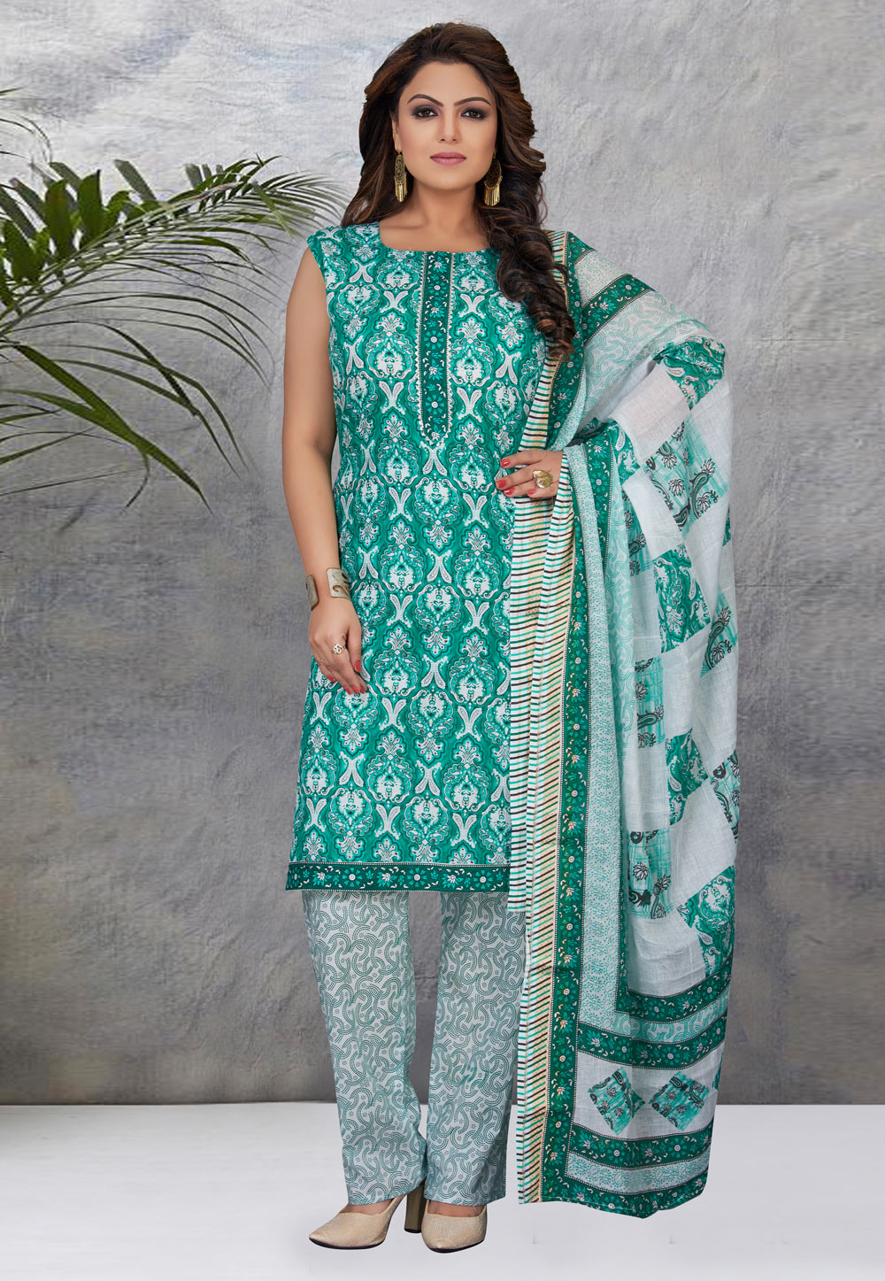Sea Green Cotton Readymade Pant Style Suit 239245