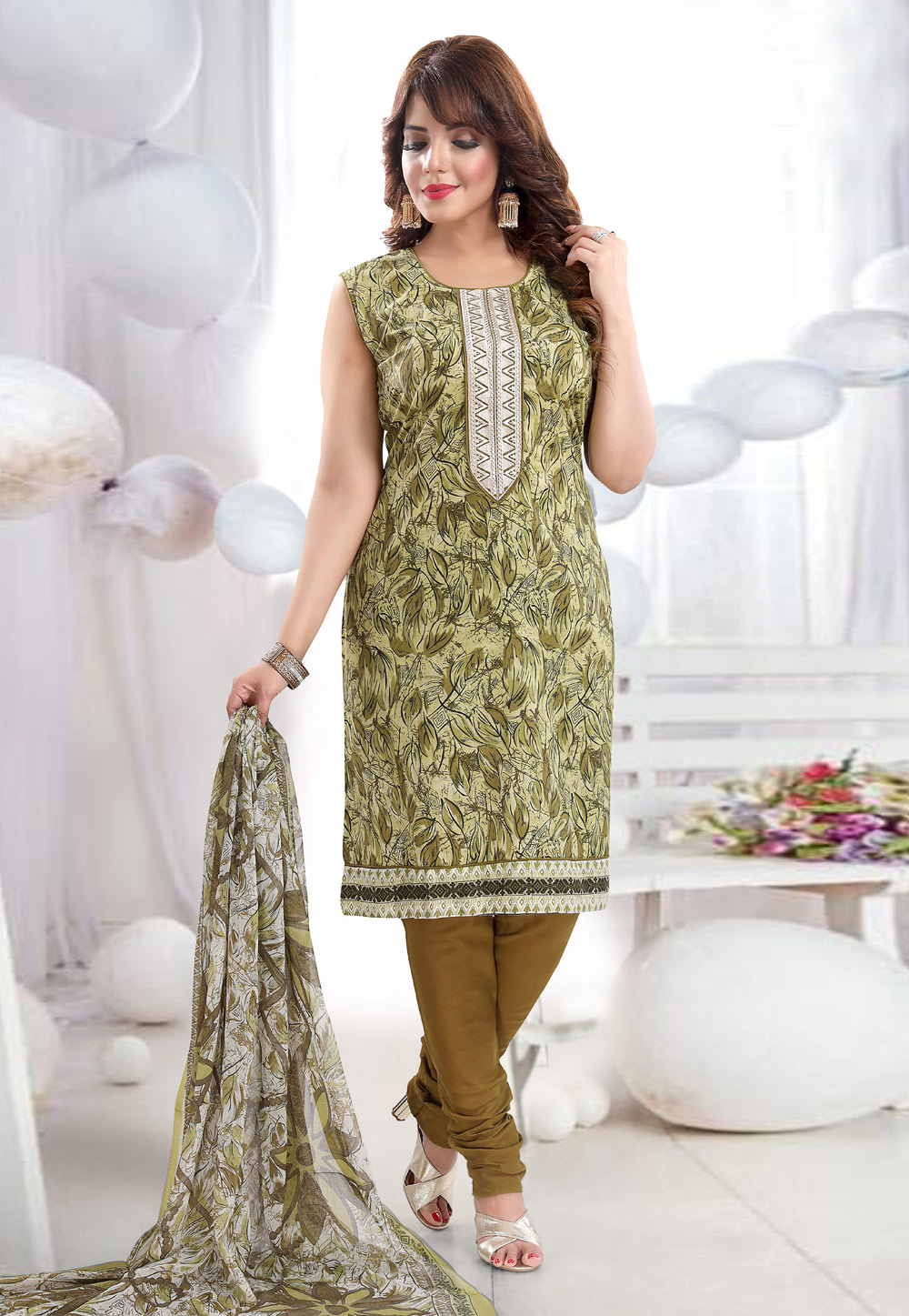 Mehndi Cotton Readymade Churidar Suit 239248