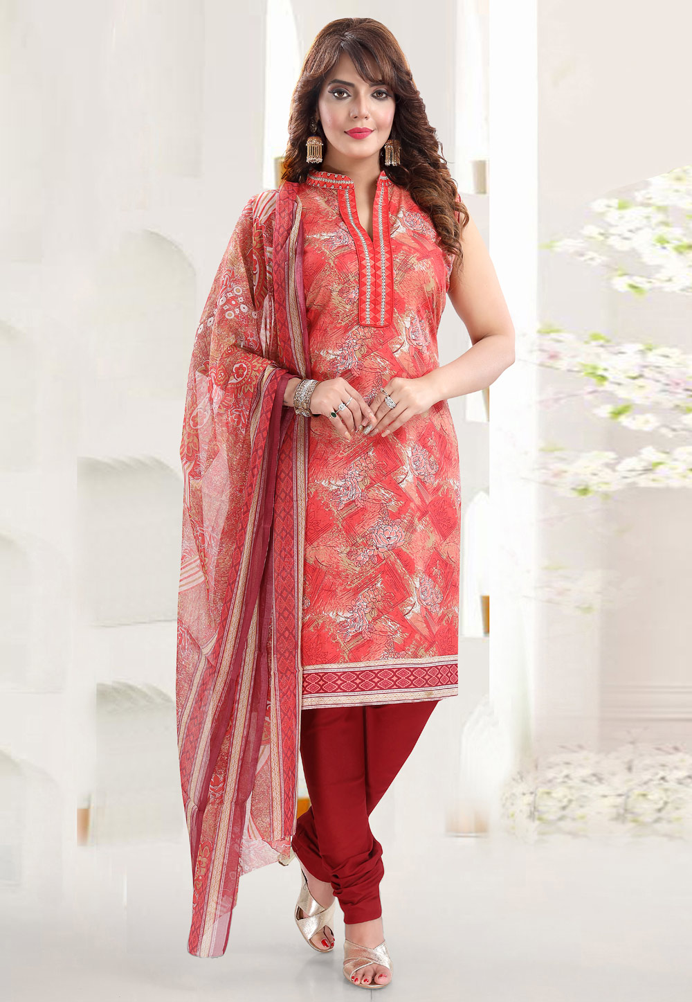 Pink Cotton Readymade Churidar Suit 239249