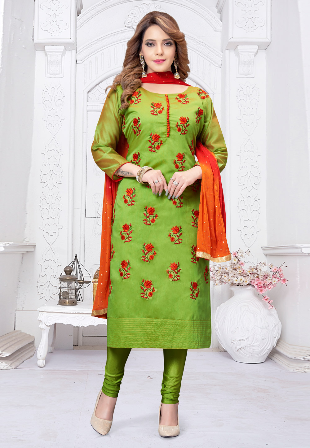 Light Green Chanderi Silk Readymade Churidar Suit 239348