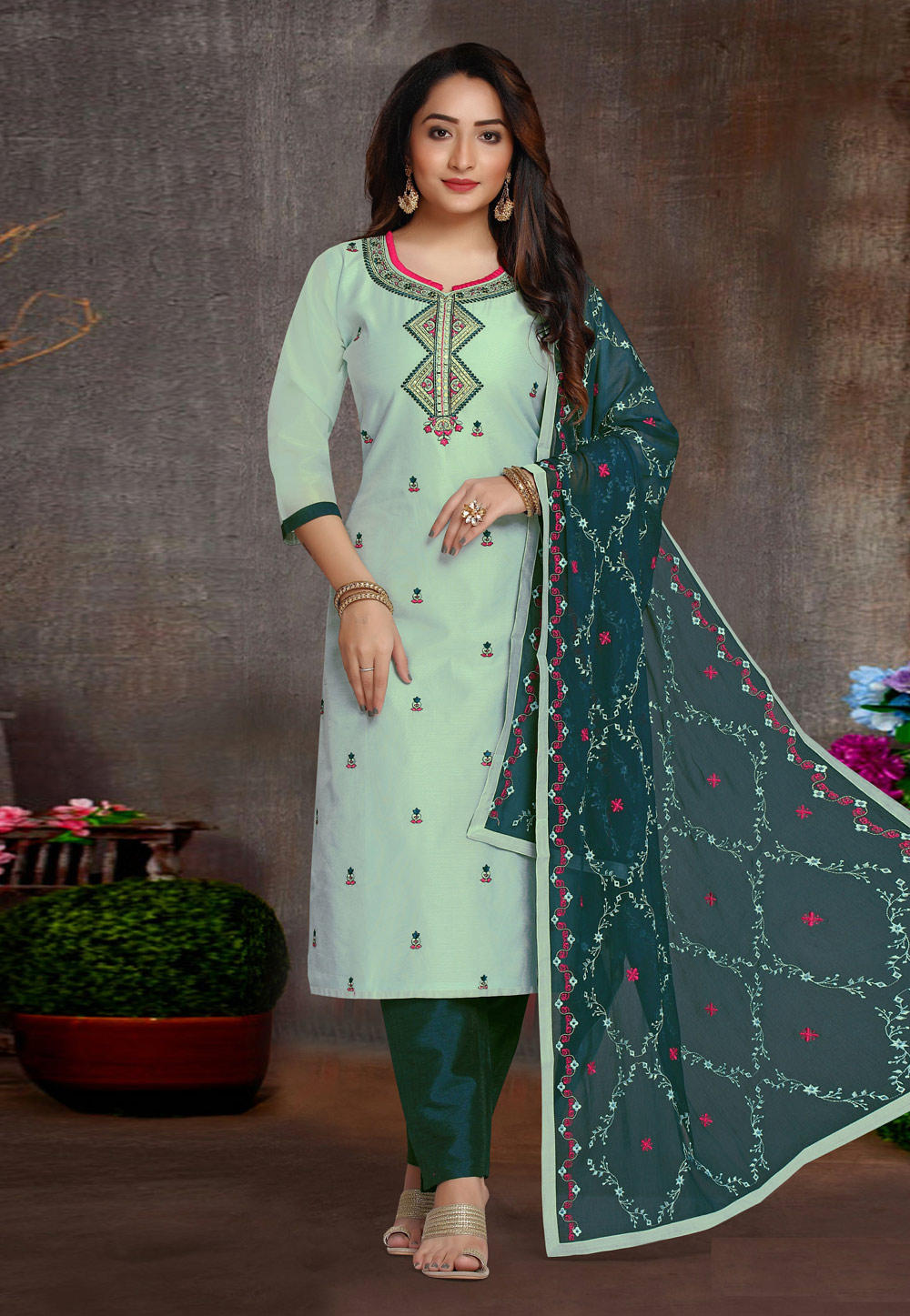 Pista Green Chanderi Silk Readymade Pant Style Suit 240255