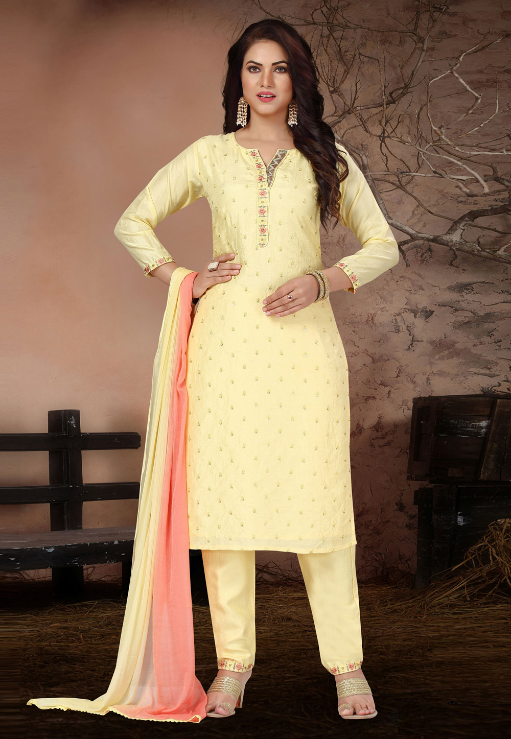 Yellow Silk Readymade Pant Style Suit 240261