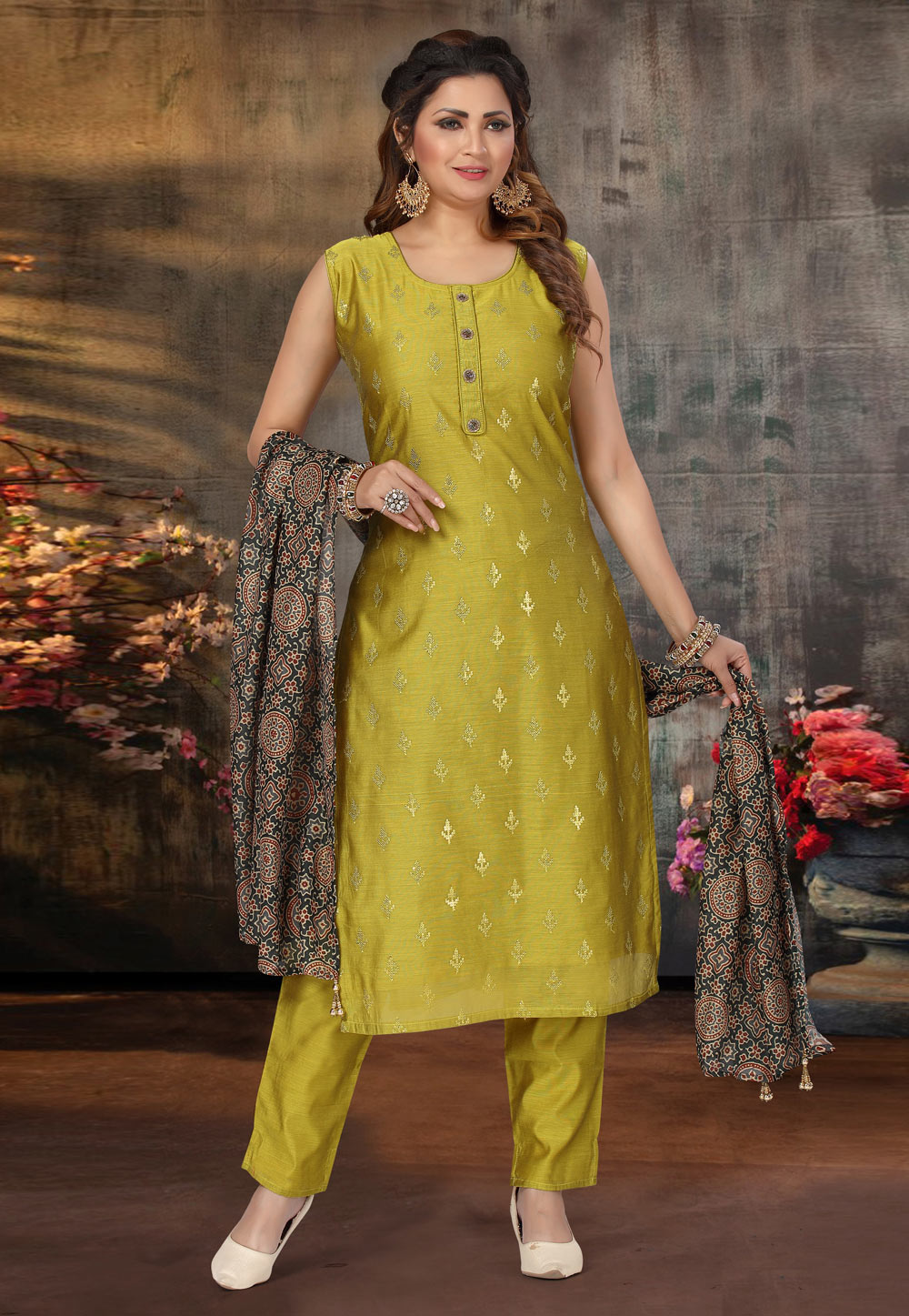 Yellow Chanderi Silk Pant Salwar Suit  Silk bottoms Silk dupatta Silk  pants