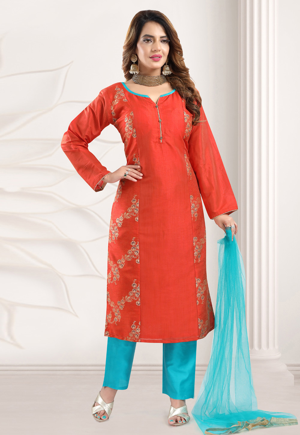 Red Jacquard Silk Readymade Pant Style Suit 243786