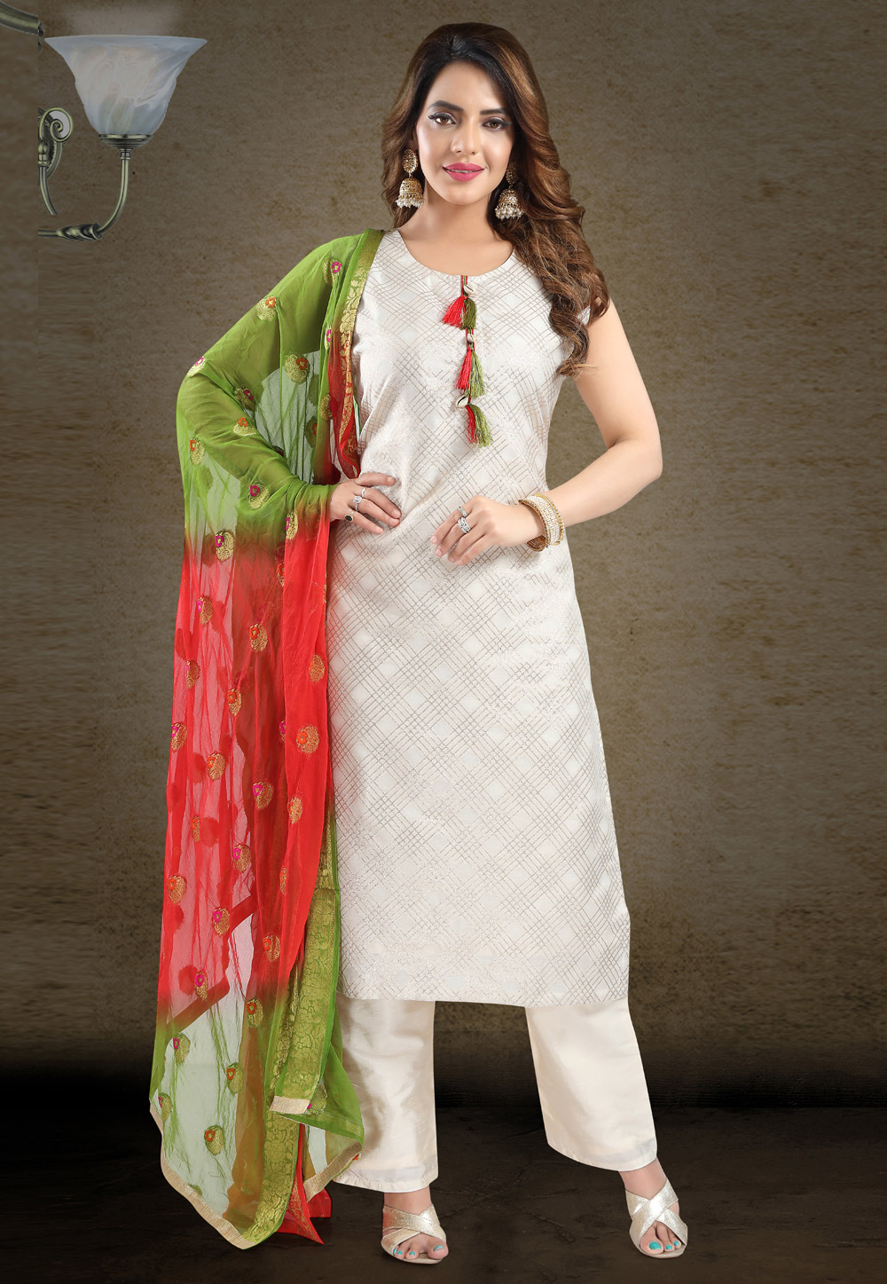 Off White Art Silk Readymade Kameez With Pant 243789