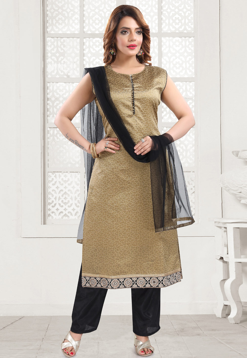 Beige Jacquard Silk Readymade Pant Style Suit 243790