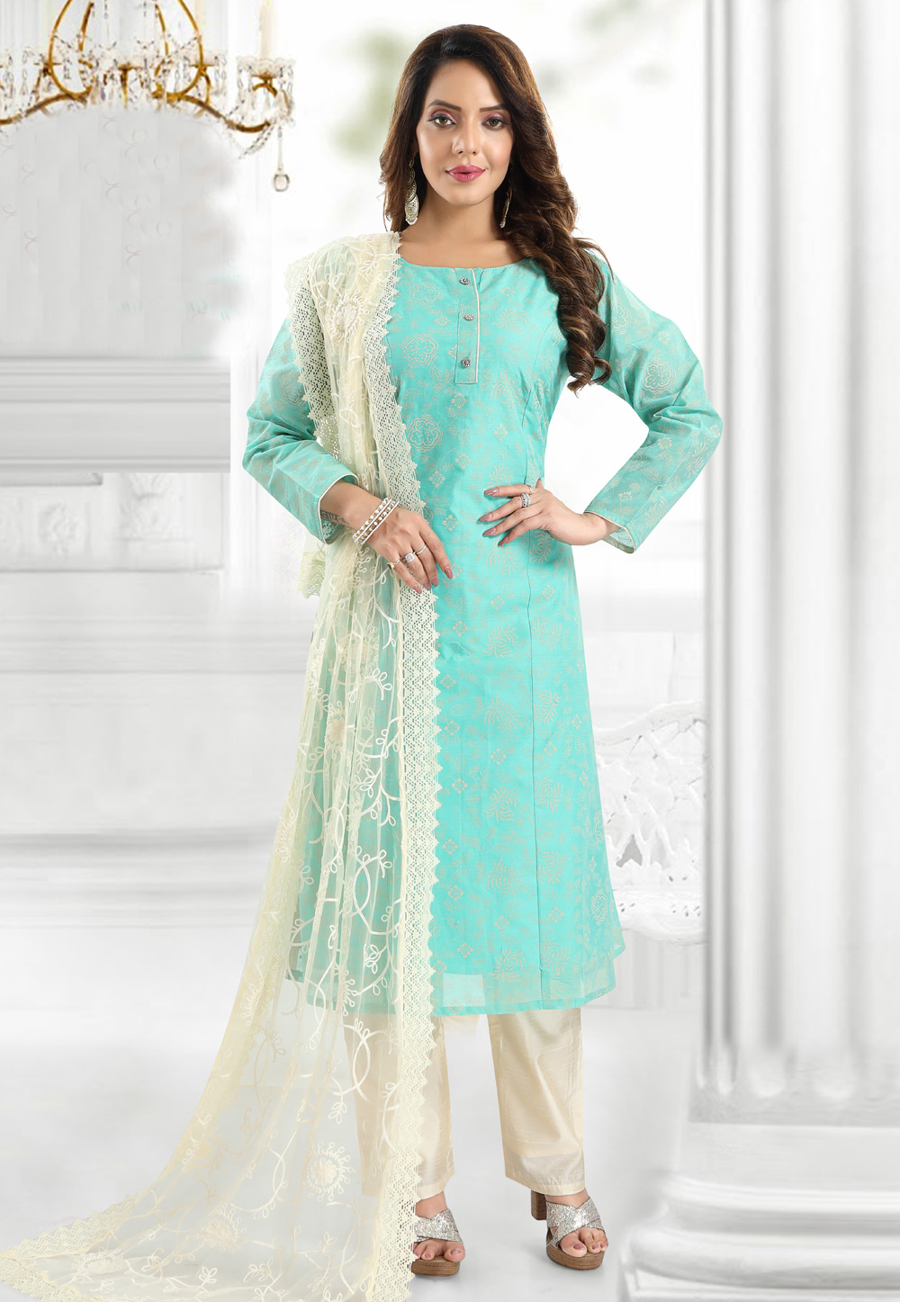 Aqua Chanderi Silk Pant Style Suit 246816
