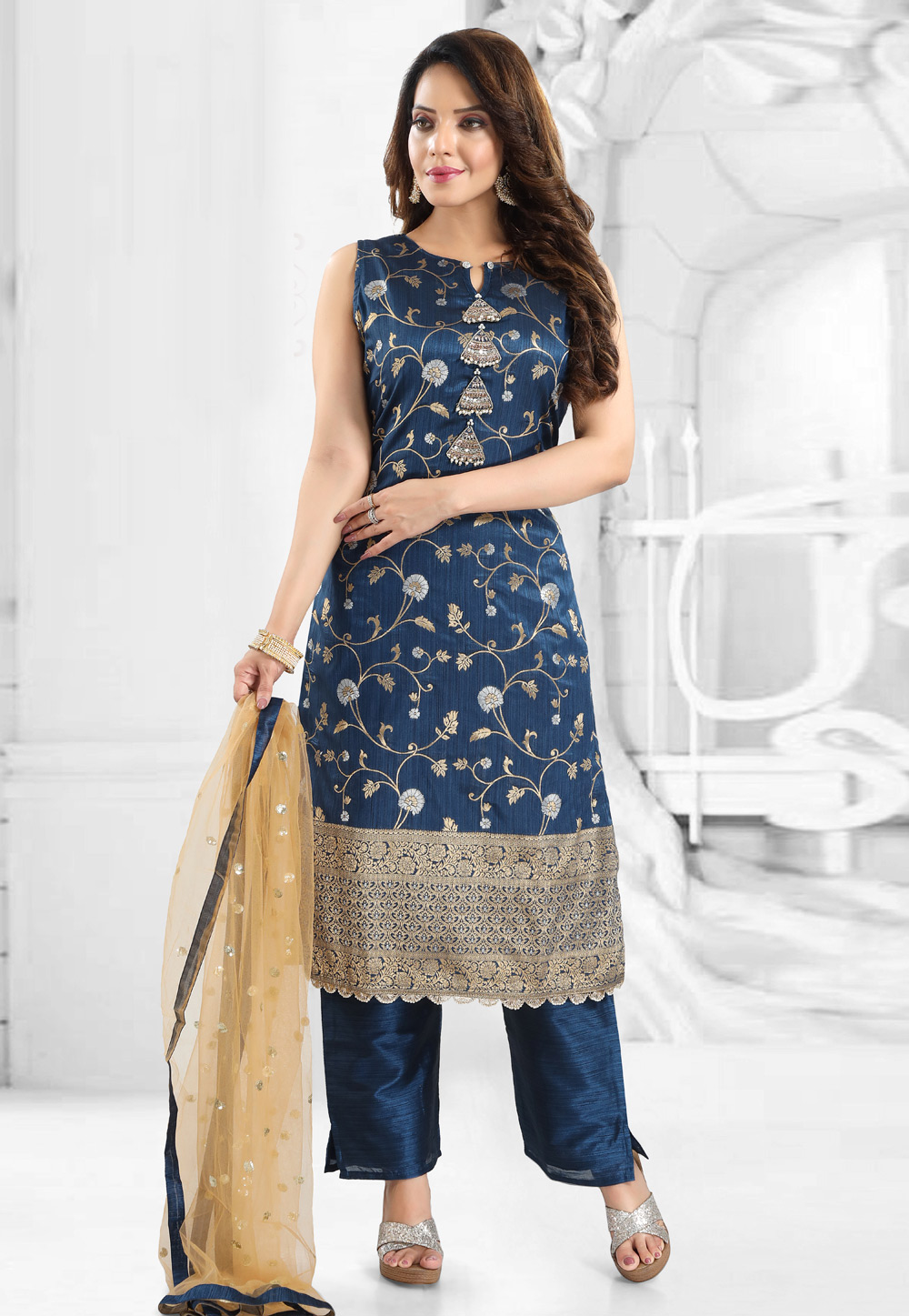Navy Blue Brocade Silk Readymade Pant Style Suit 247276