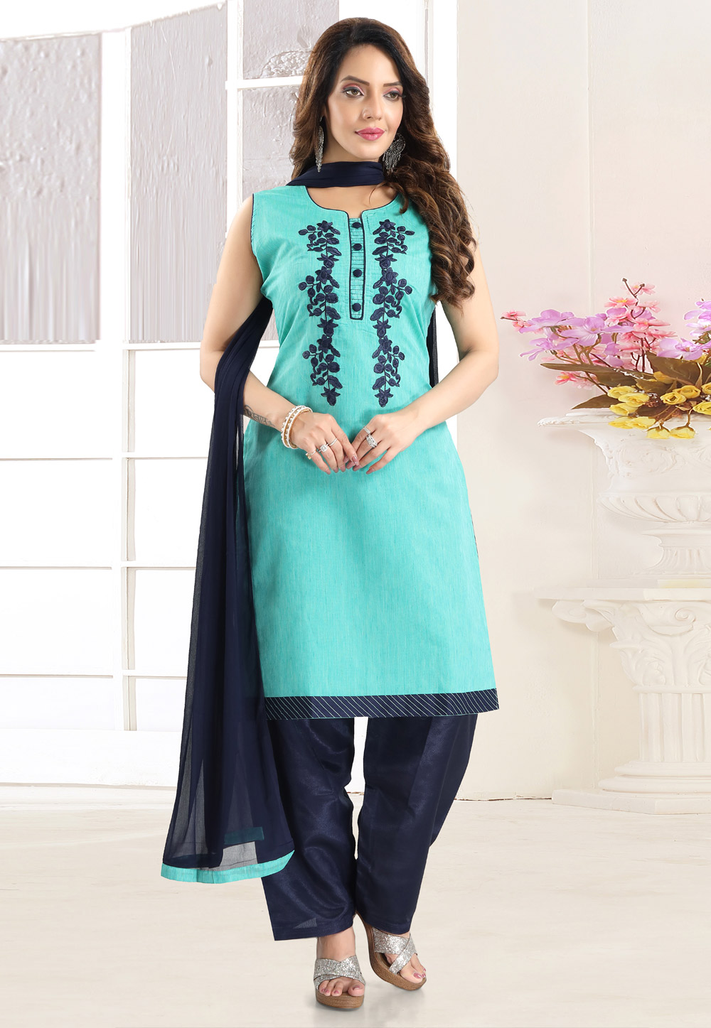 Sky Blue Chanderi Readymade Punjabi Suit 246944