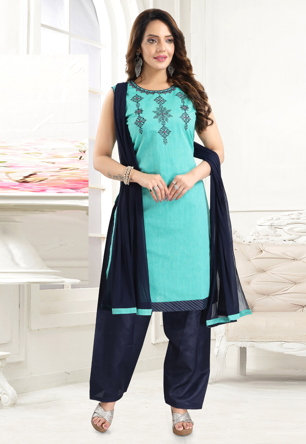 Sky Blue Chanderi Readymade Punjabi Suit 246946
