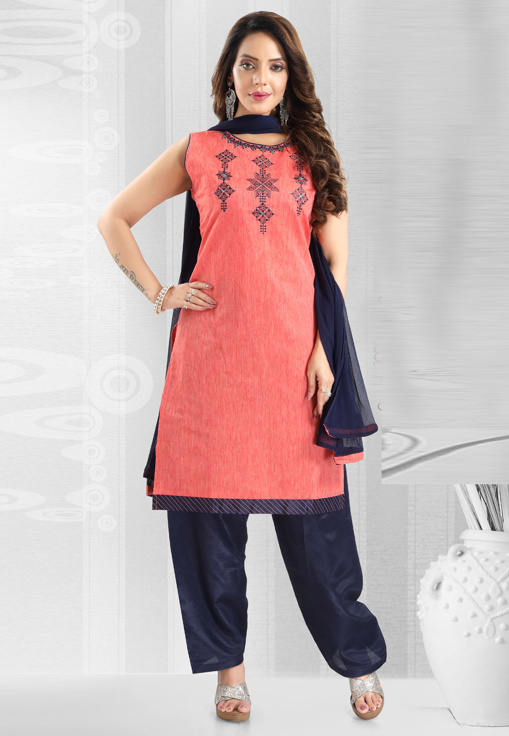 Peach Chanderi Readymade Punjabi Suit 246948