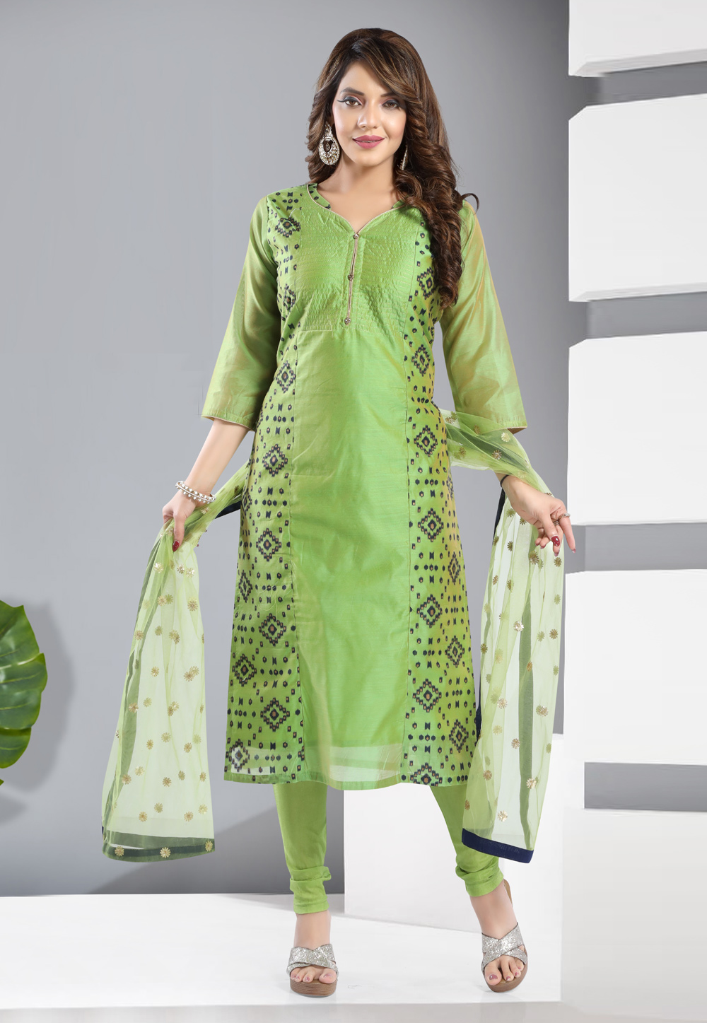 Light Green Chanderi Silk Readymade Churidar Suit 248909