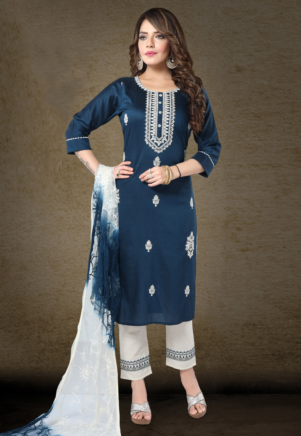 Navy Blue Cotton Readymade Pant Style Suit 247284