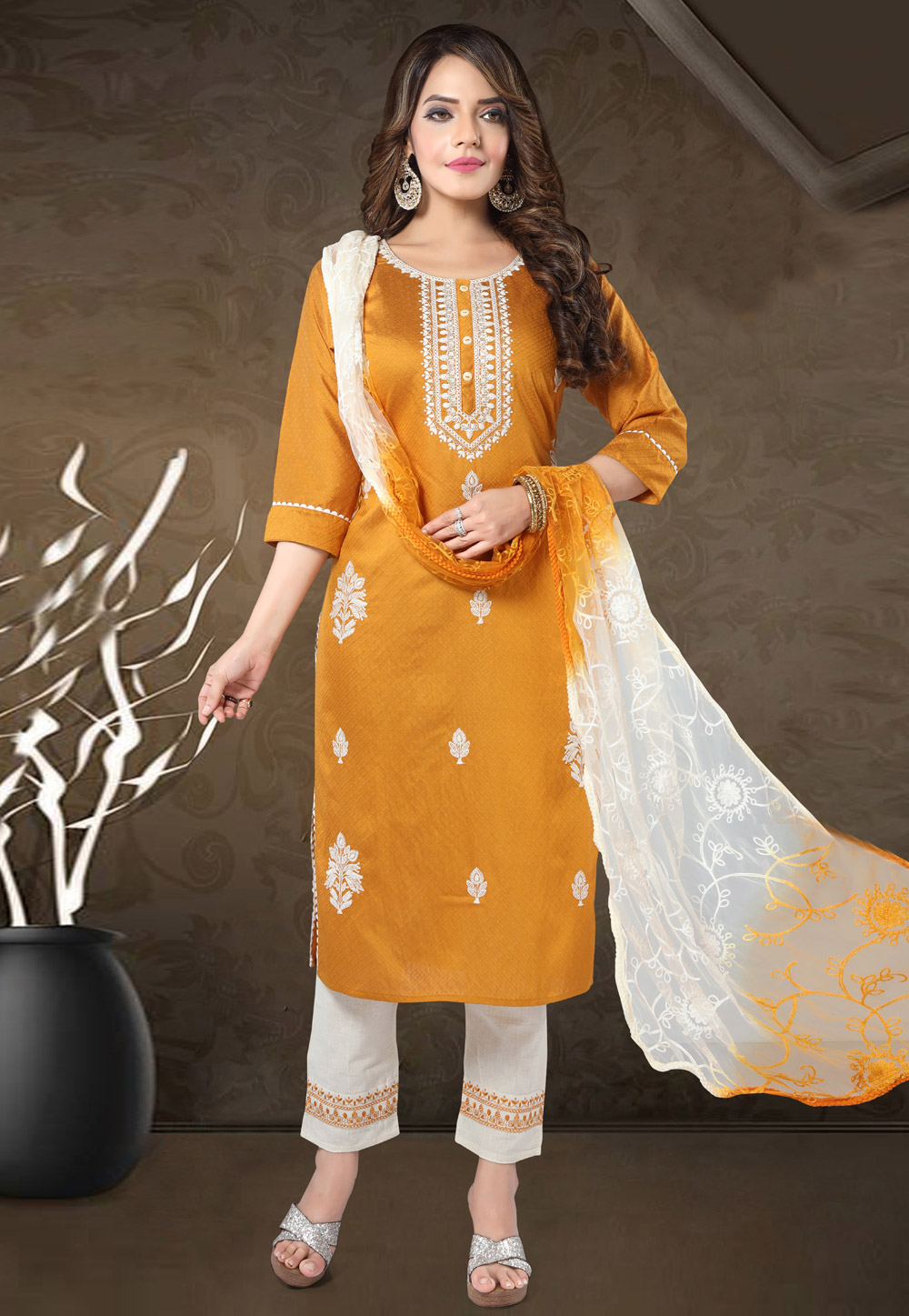 Mustard Cotton Readymade Kameez With Pant 247285