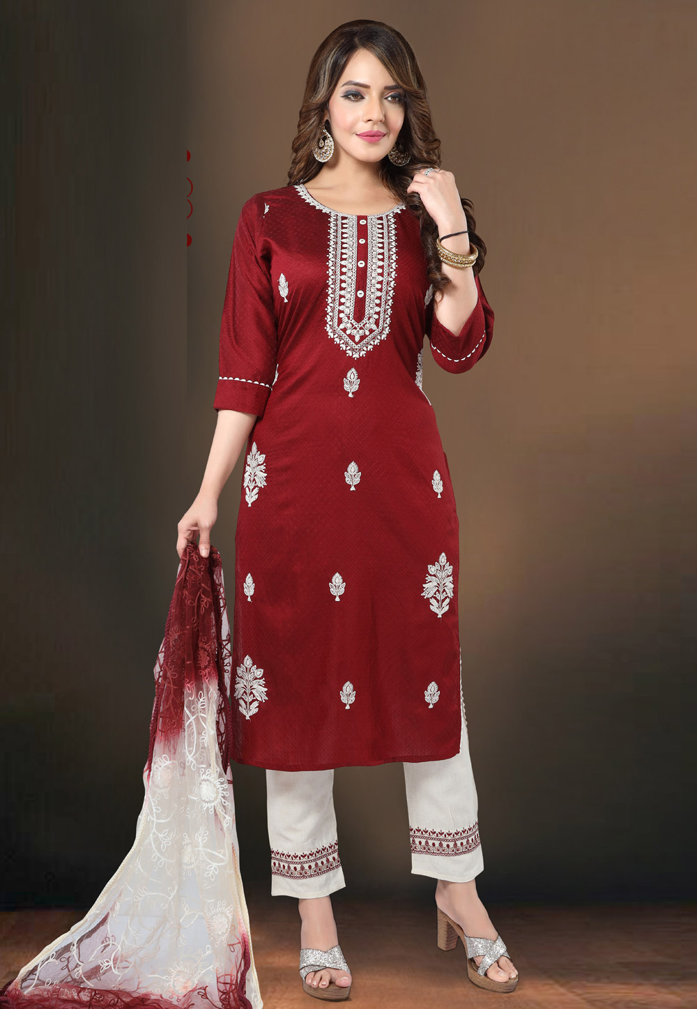 Maroon Cotton Readymade Pant Style Suit 247286