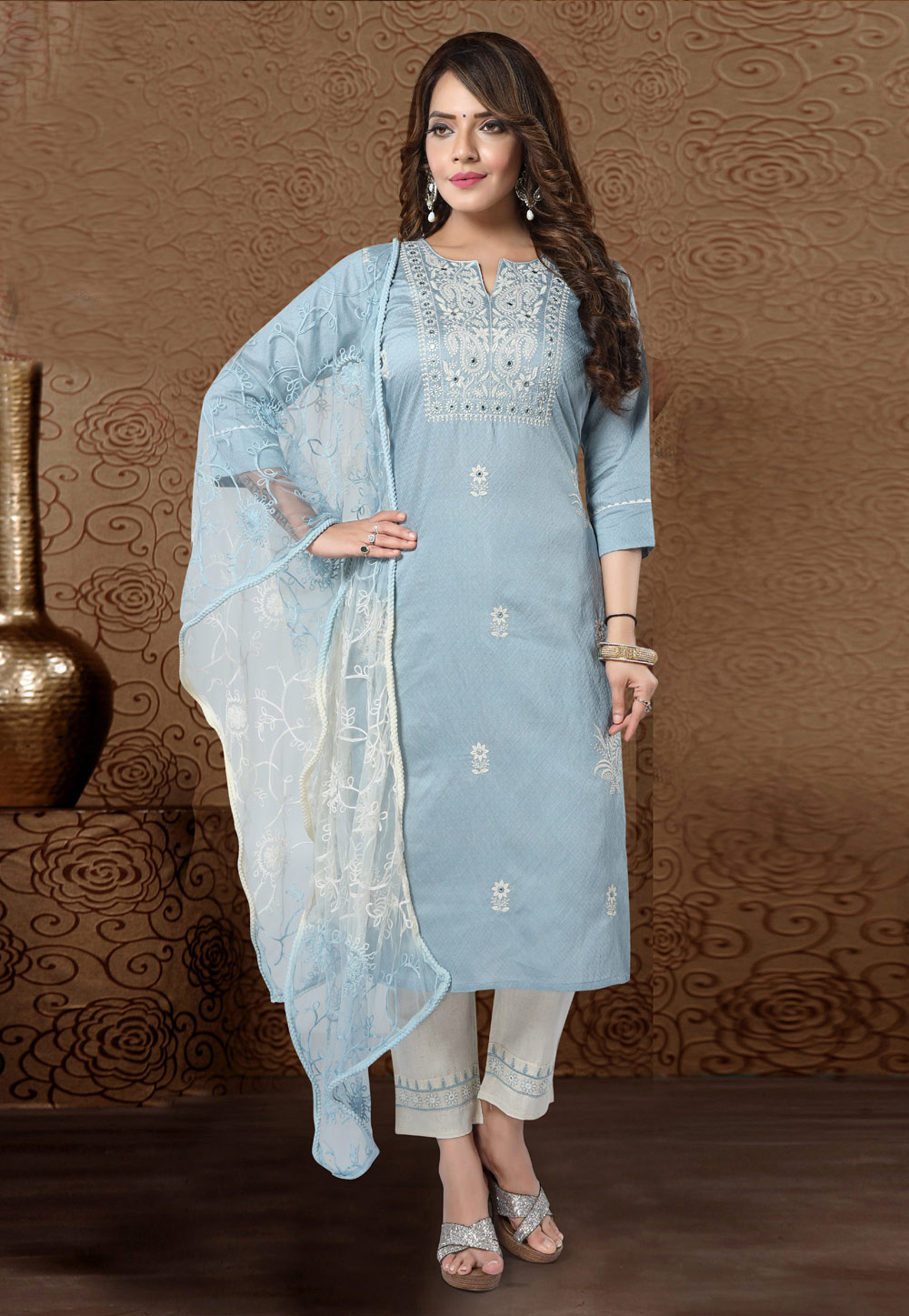 Sky Blue Cotton Readymade Pant Style Suit 247288