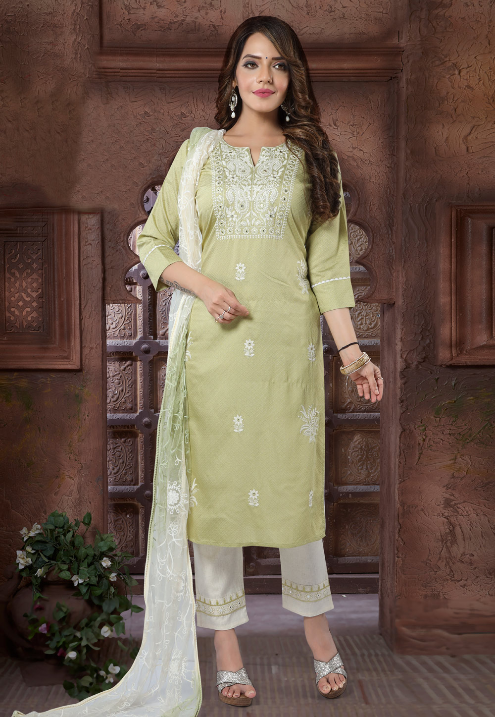 Pista Green Cotton Readymade Pant Style Suit 247290