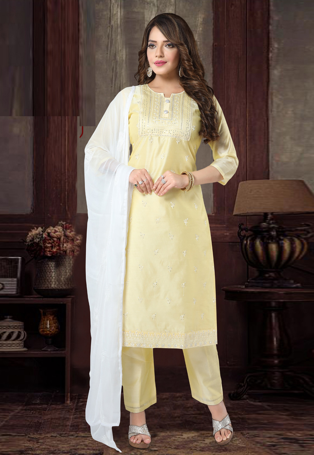 Yellow Chanderi Silk Readymade Pant Style Suit 247796
