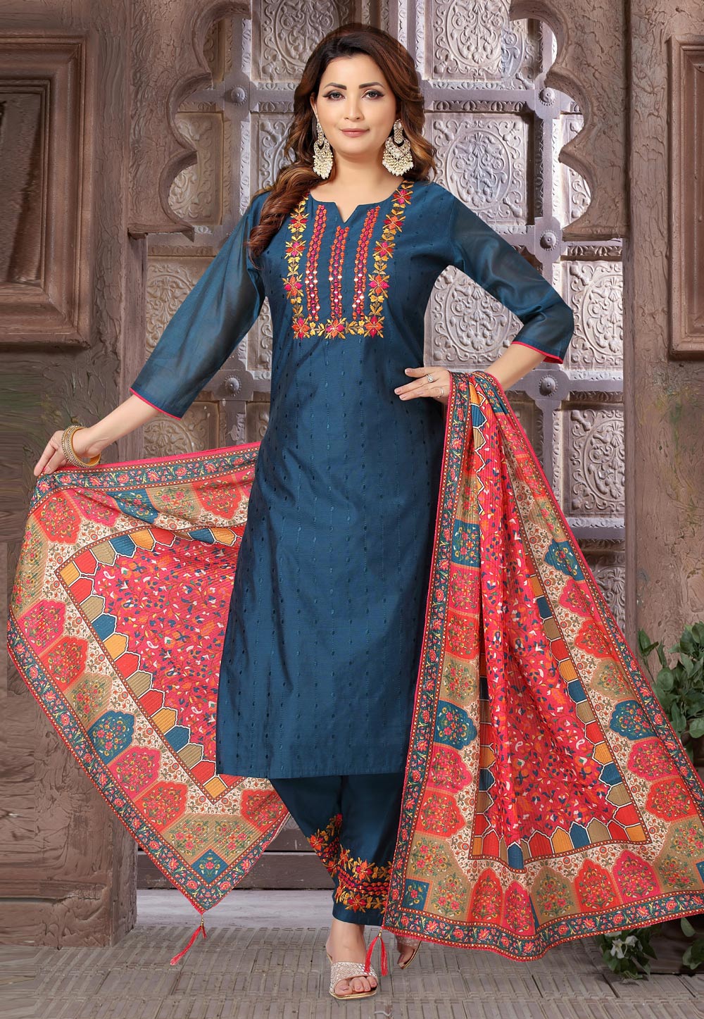 Navy Blue Chanderi Silk Readymade Pant Style Suit 251165