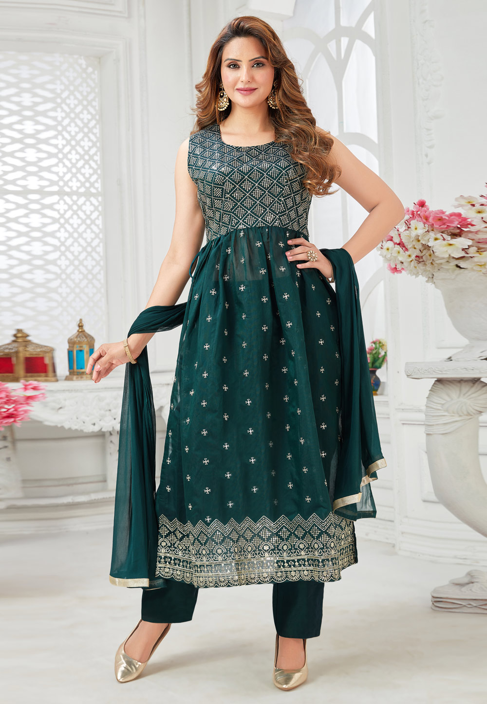 Teal Chanderi Silk Readymade Pant Style Suit 261301