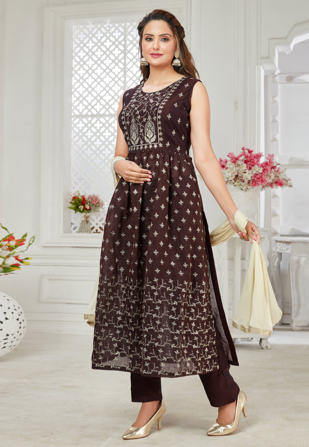 Brown Chanderi Silk Readymade Pakistani Suit 261302