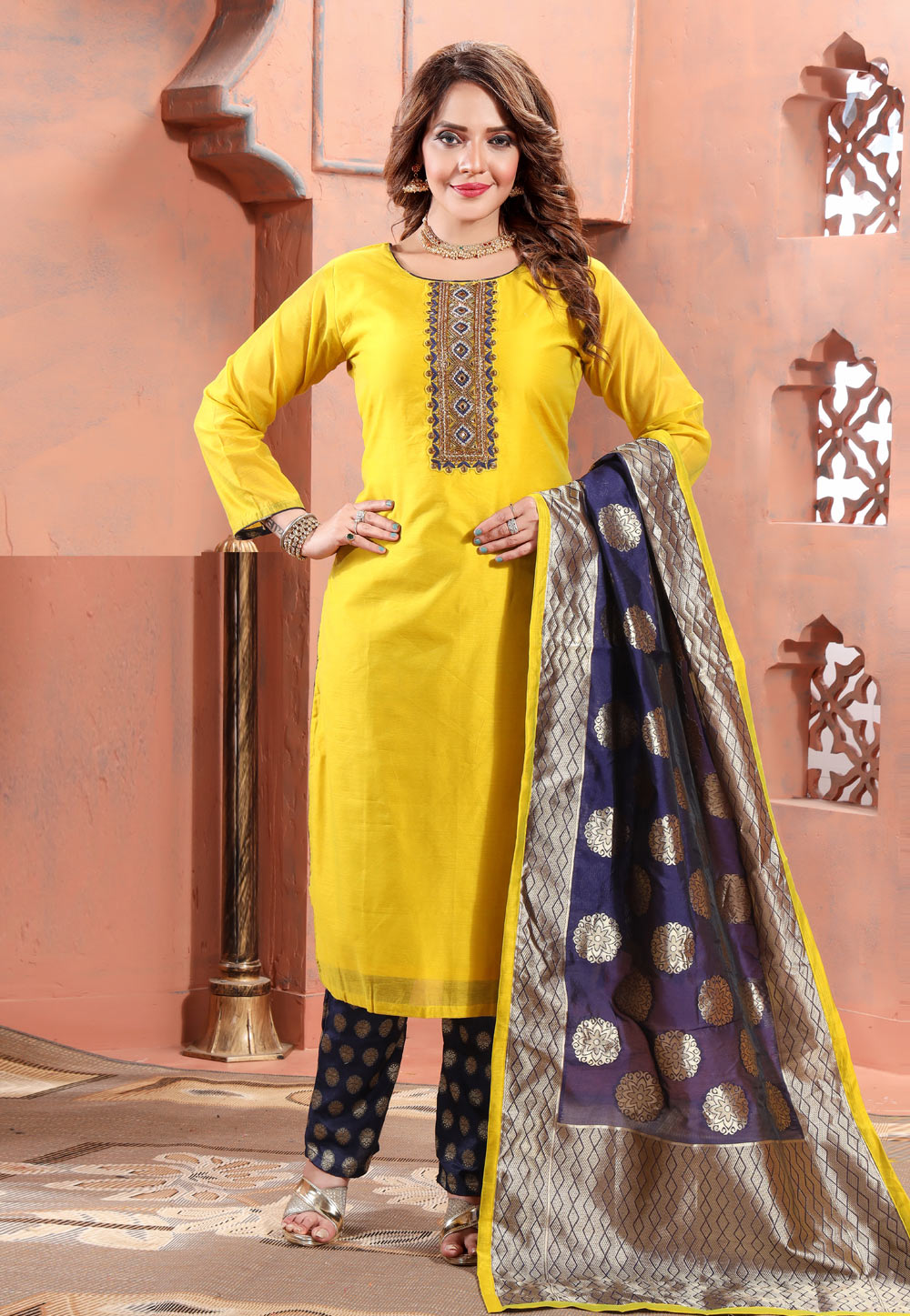 Yellow Chanderi Silk Readymade Pant Style Suit 261641