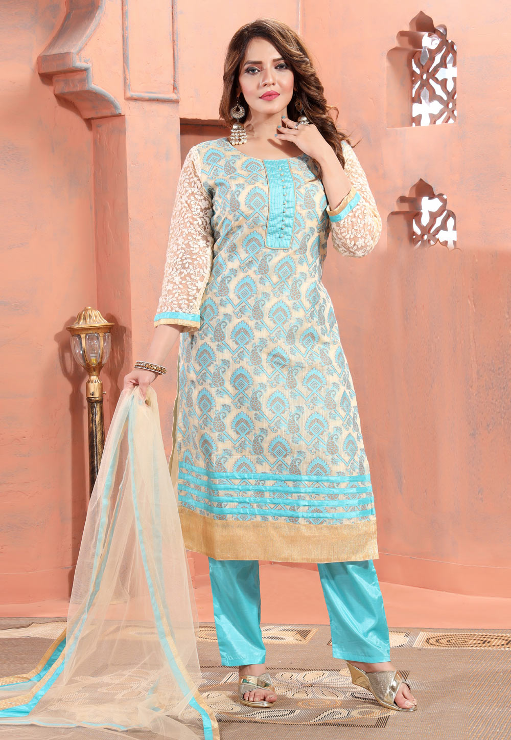 Sky Blue Brocade Silk Readymade Pakistani Suit 261642