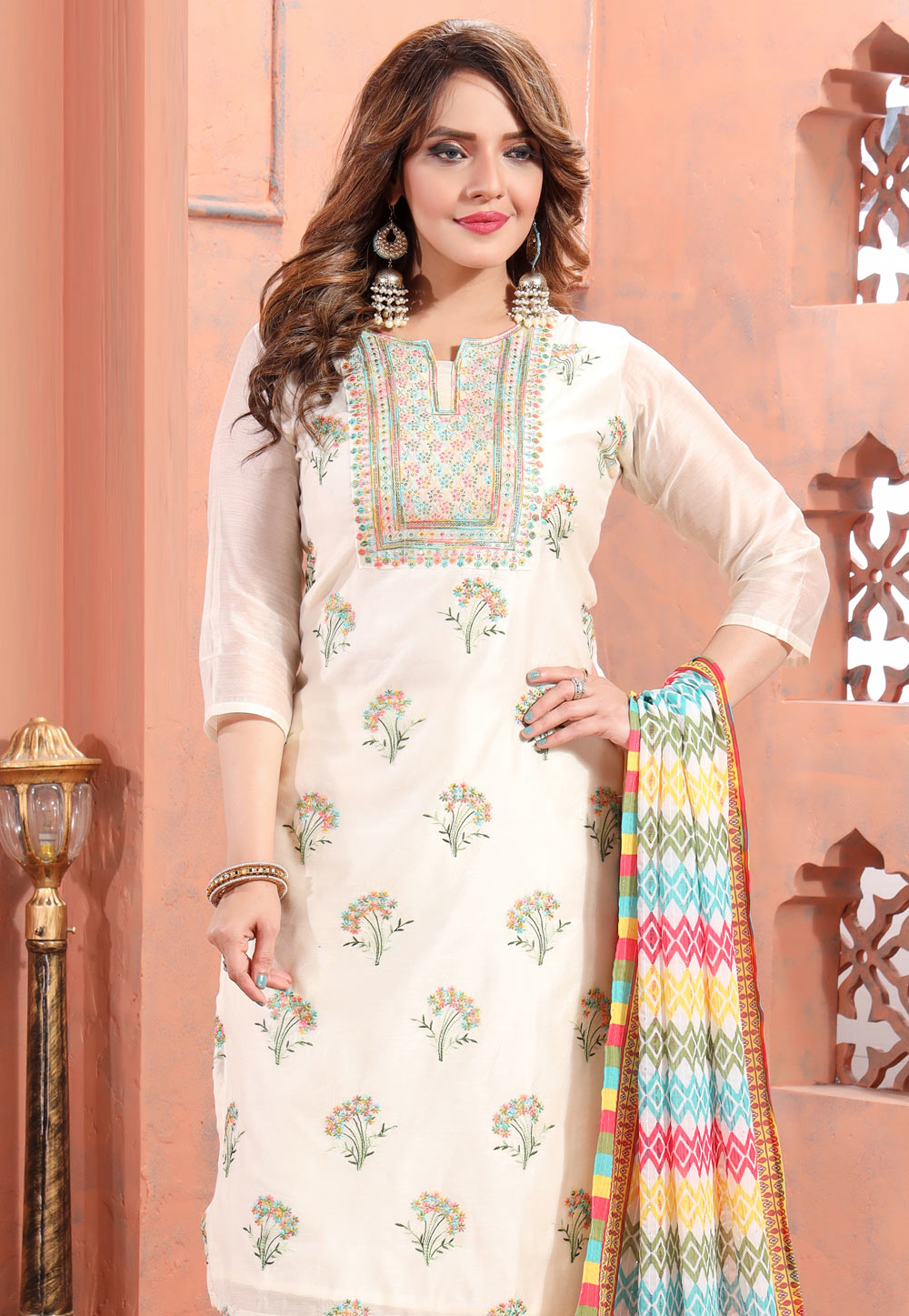 Off White Chanderi Silk Readymade Pant Style Suit 261643