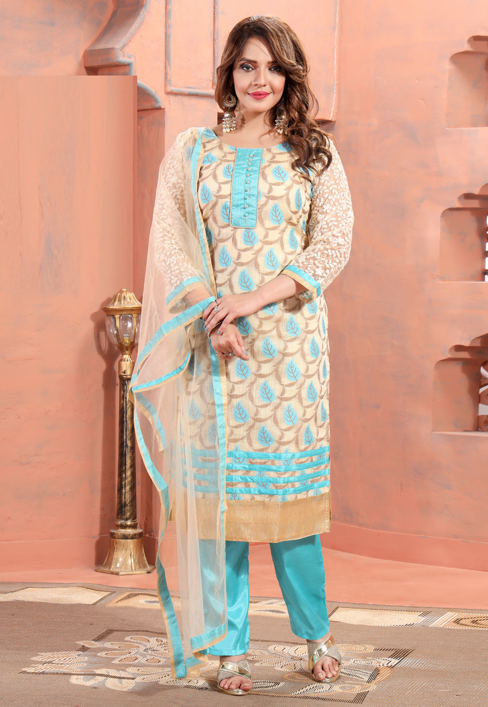 Sky Blue Brocade Silk Readymade Pakistani Suit 261644