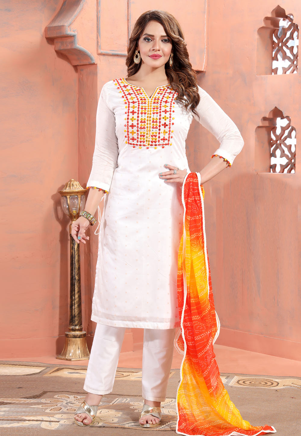 White Chanderi Silk Readymade Pakistani Suit 261648
