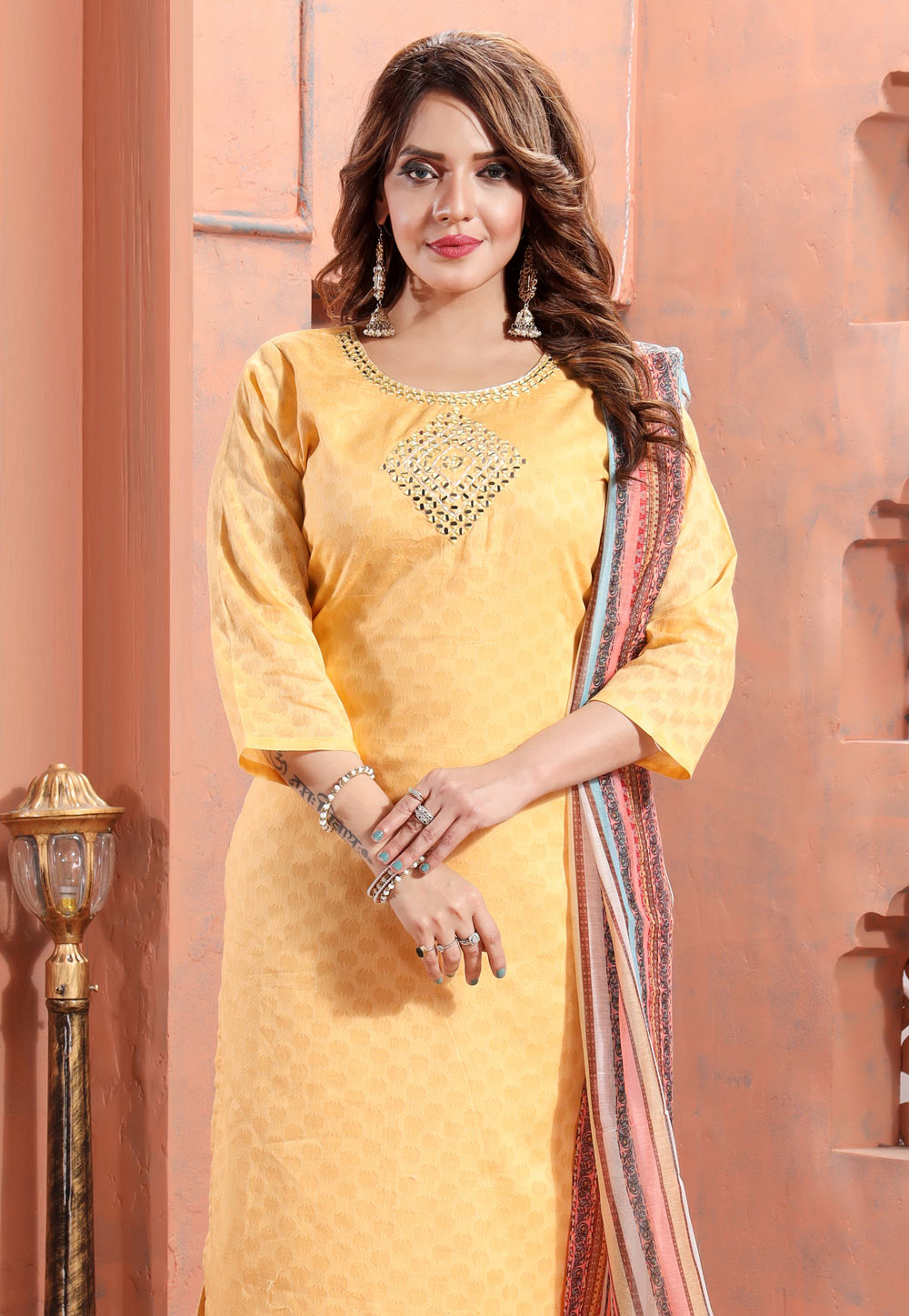 Yellow Cotton Readymade Pant Style Suit 261649