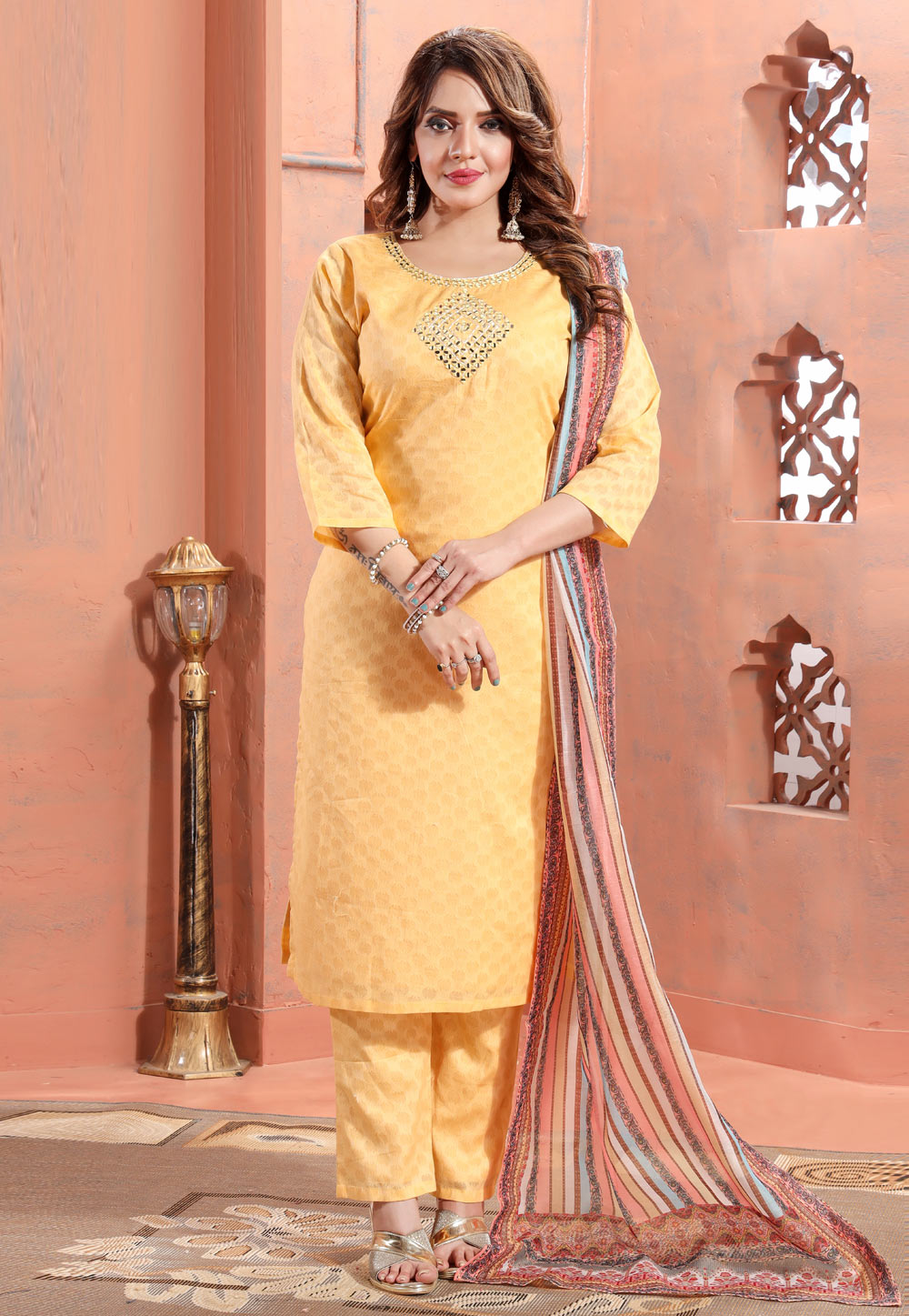Yellow Cotton Readymade Pant Style Suit 261649