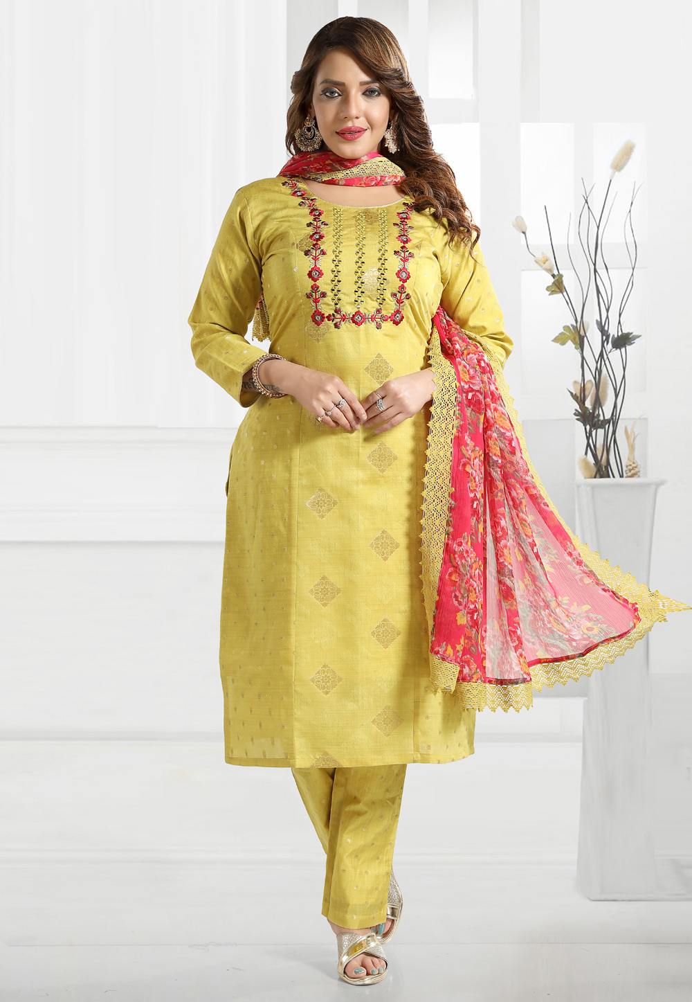 Yellow Silk Readymade Pakistani Suit 259382